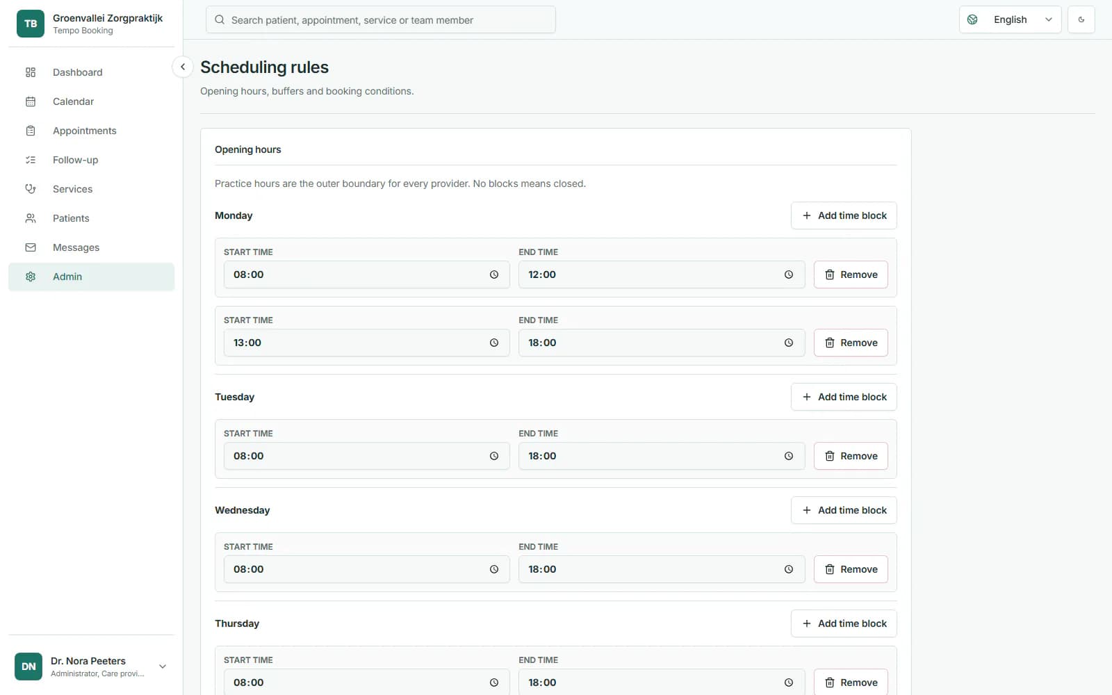 Tempo Booking settings for practice hours, closures and booking conditions.
