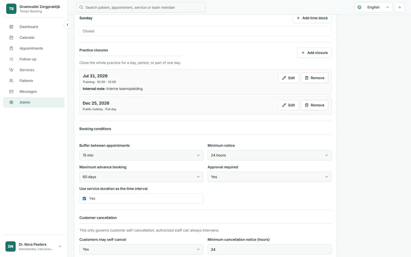 Tempo Booking practice settings for self-service cancellation.