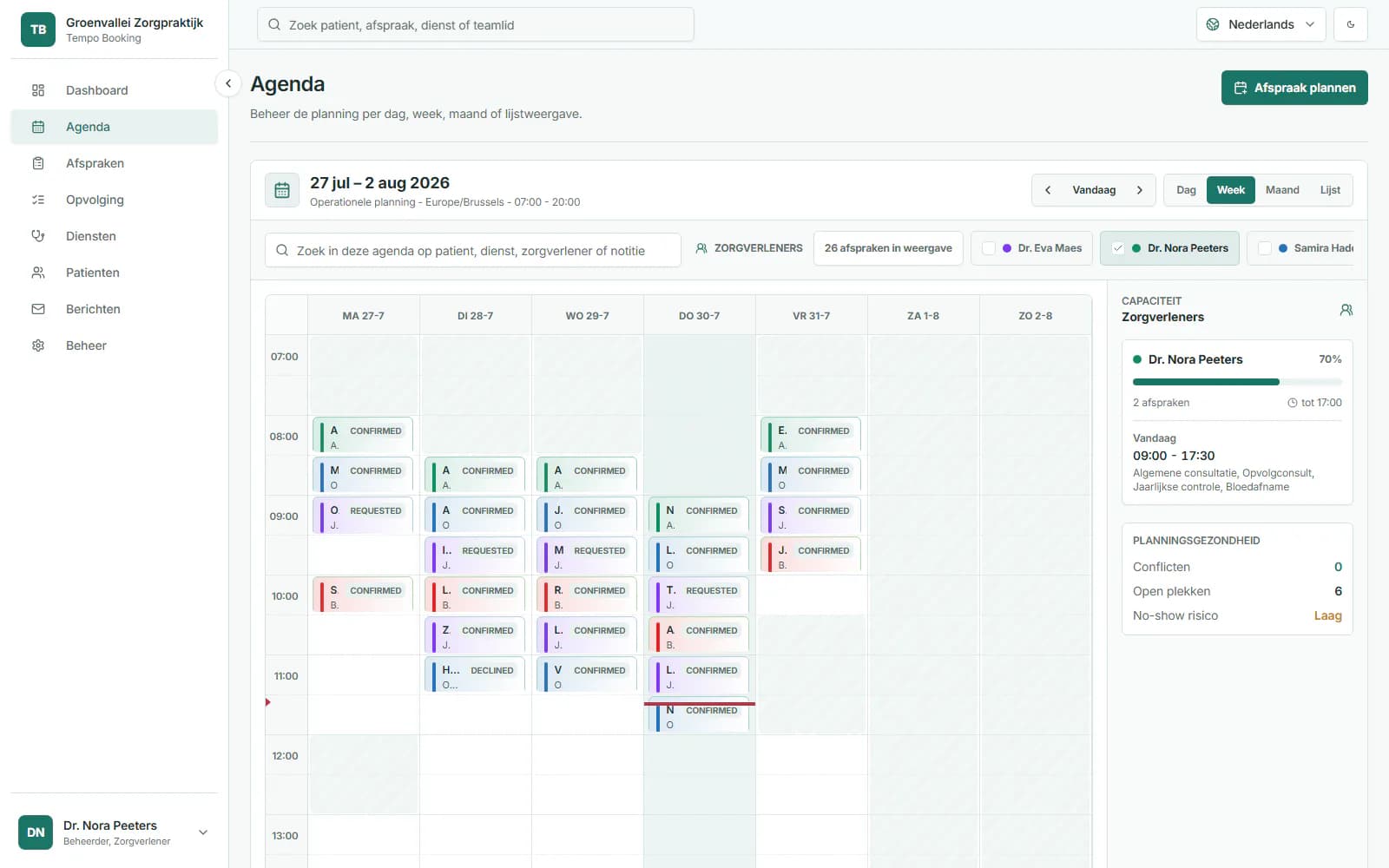 Tempo Booking-weekagenda met geplande afspraken.