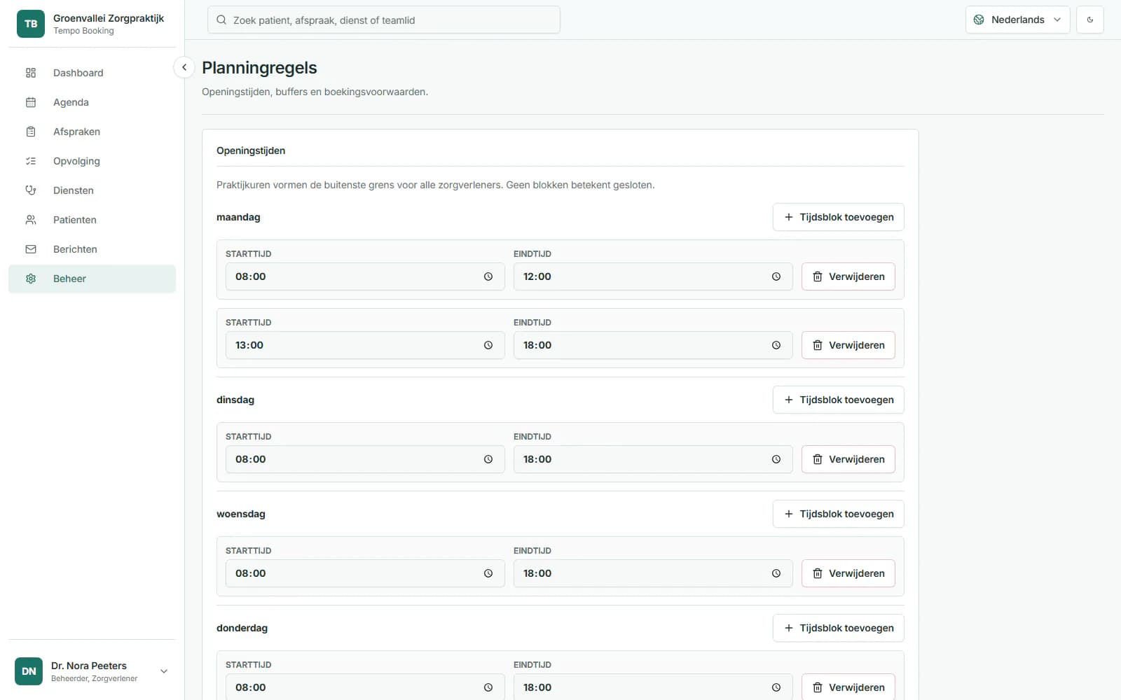 Tempo Booking-instellingen voor praktijkuren, sluitingen en boekingsvoorwaarden.