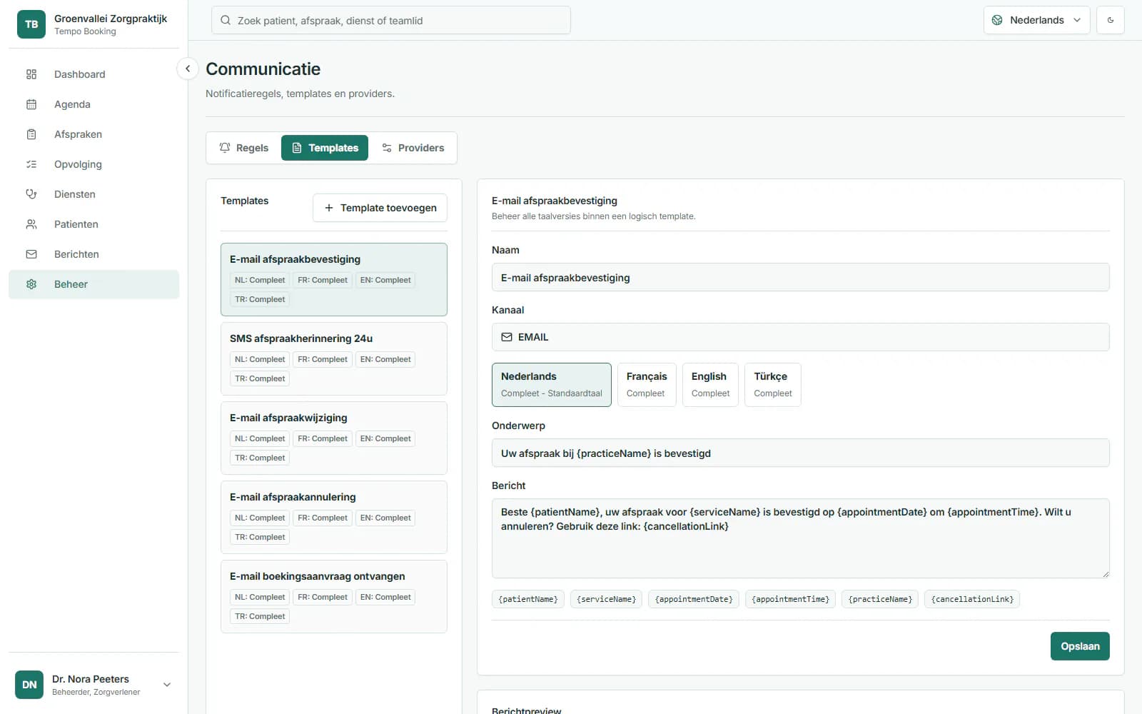 Tempo Booking-editor voor een meertalig communicatiesjabloon.