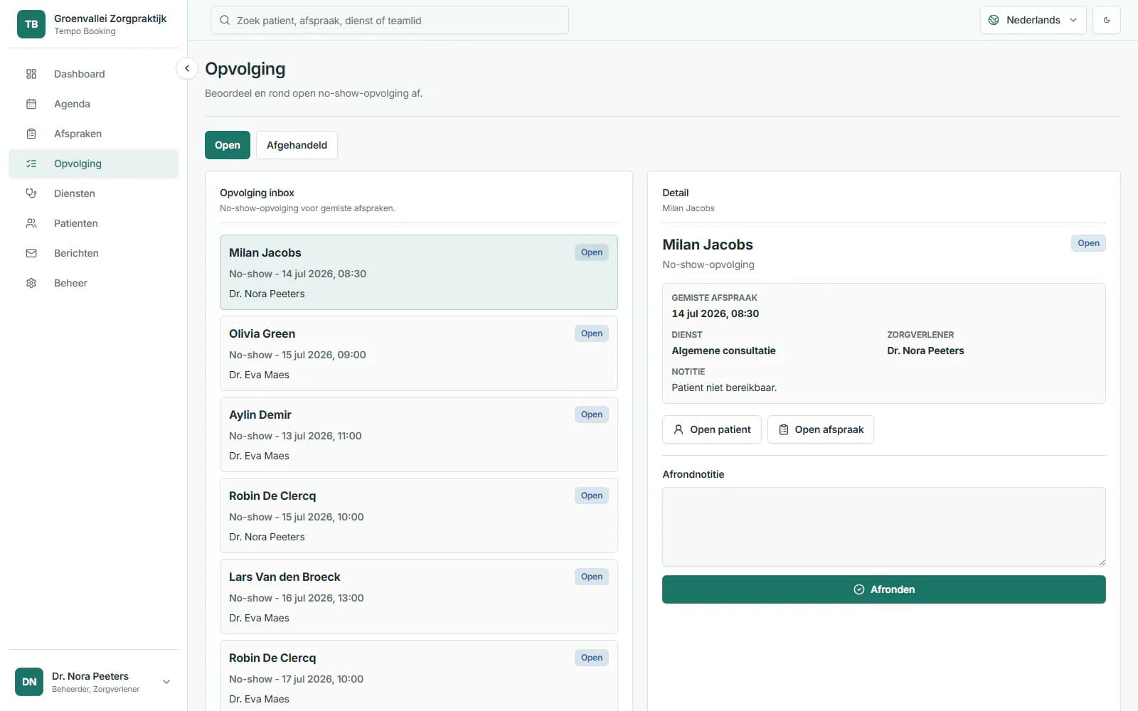 Tempo Booking-no-showopvolging met een open item en afspraakcontext.