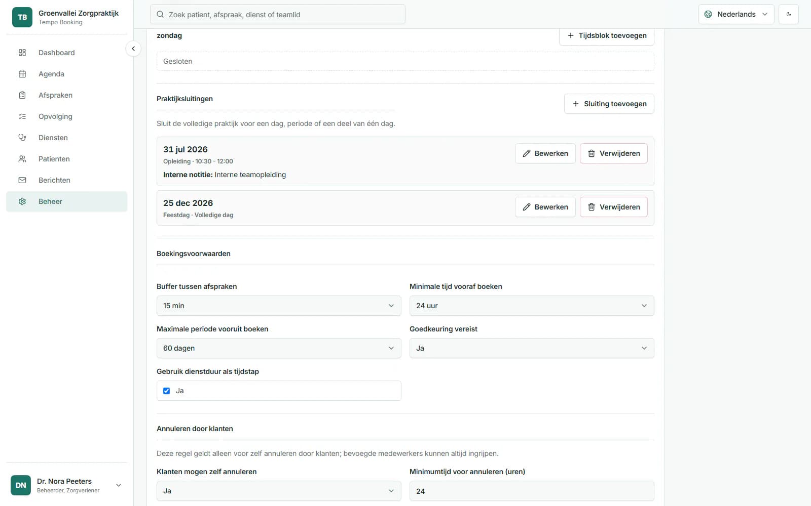 Tempo Booking-praktijkinstellingen voor zelfstandig annuleren.